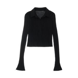 Helmut Lang Textured Stripe Black Cotton Crop Polo Shirt Size L